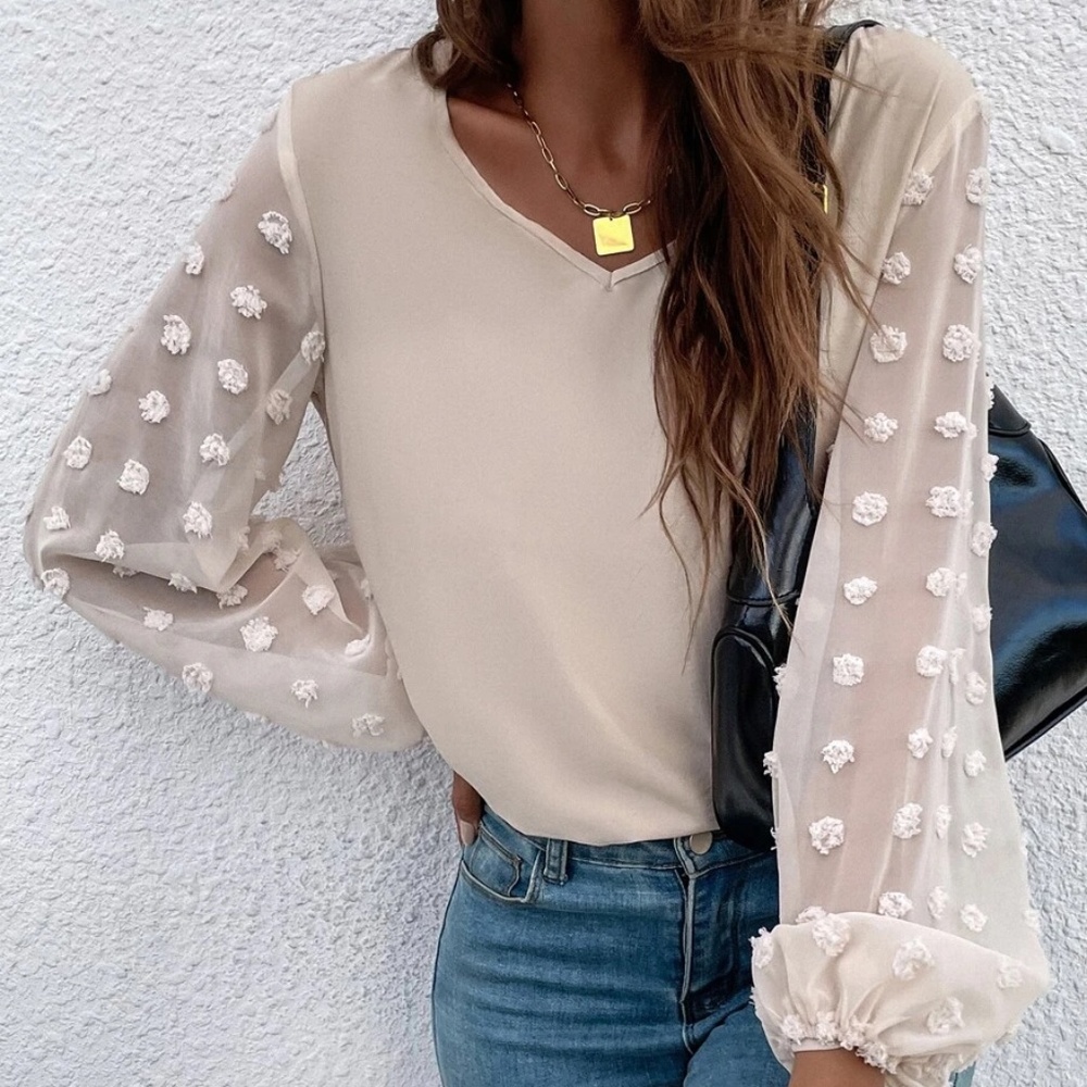 Boho Swiss Polka Dot Sheer Sleeve Oversized Top Minimalist - Picture 3 of 12